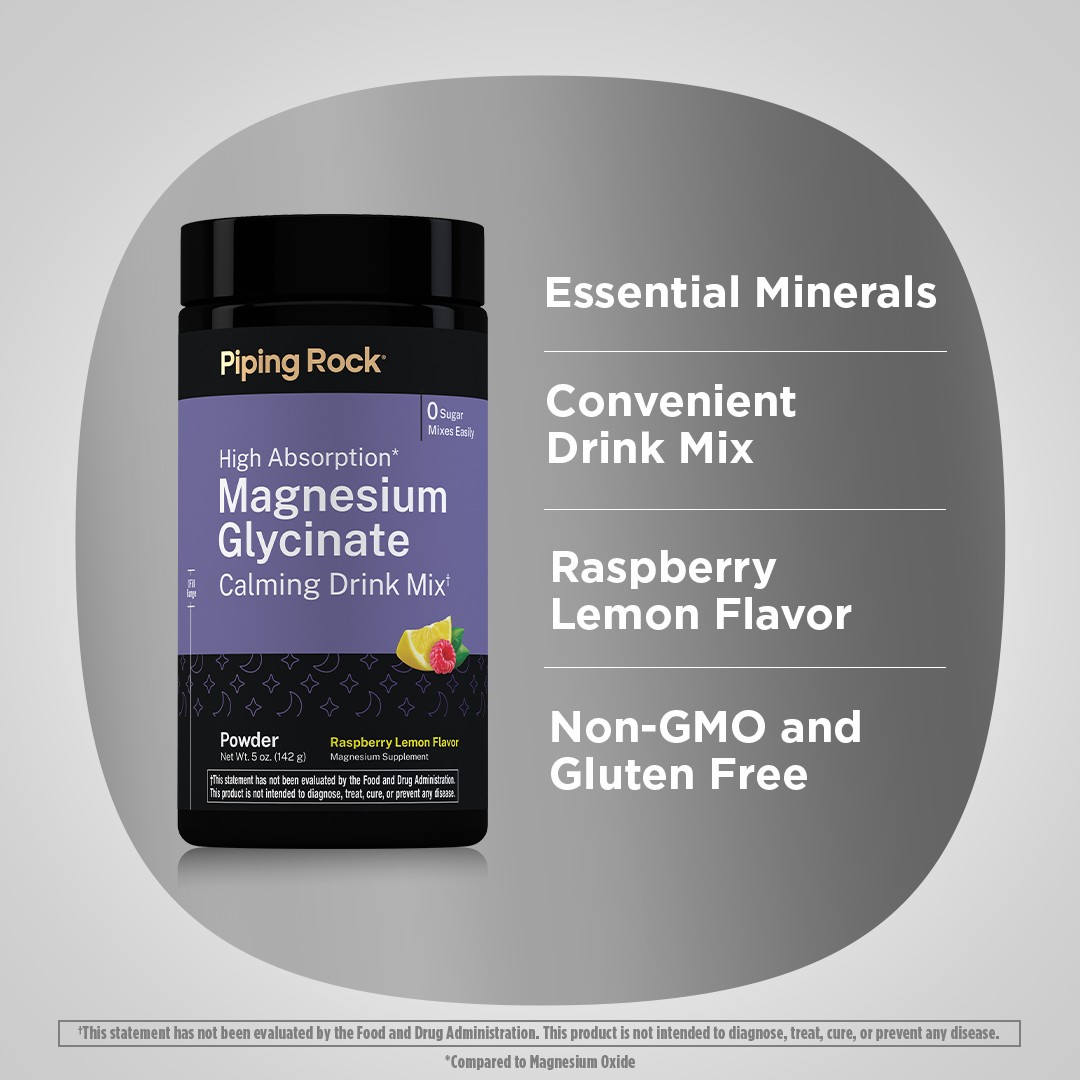 Magnesium Glycinate Drink Mix | 5 oz Powder | Raspberry Lemon | by Piping Rock