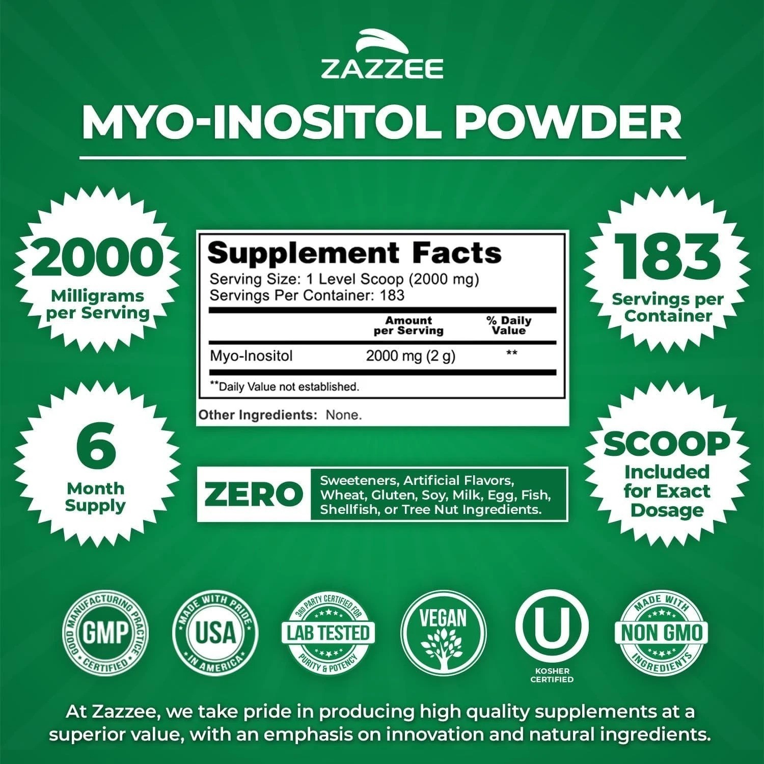 Myo-Inositol Powder, 6 Supply, 183 Servings, 2000 mg per Serving, Free Scoop…