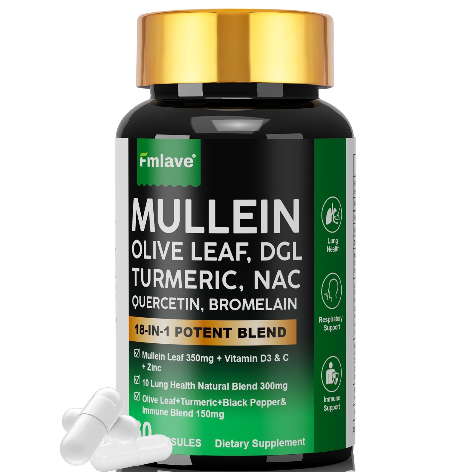 Mullein Leaf Capsules for Lung Cleanse and Detox, Respiratory Health Herbal 60ct