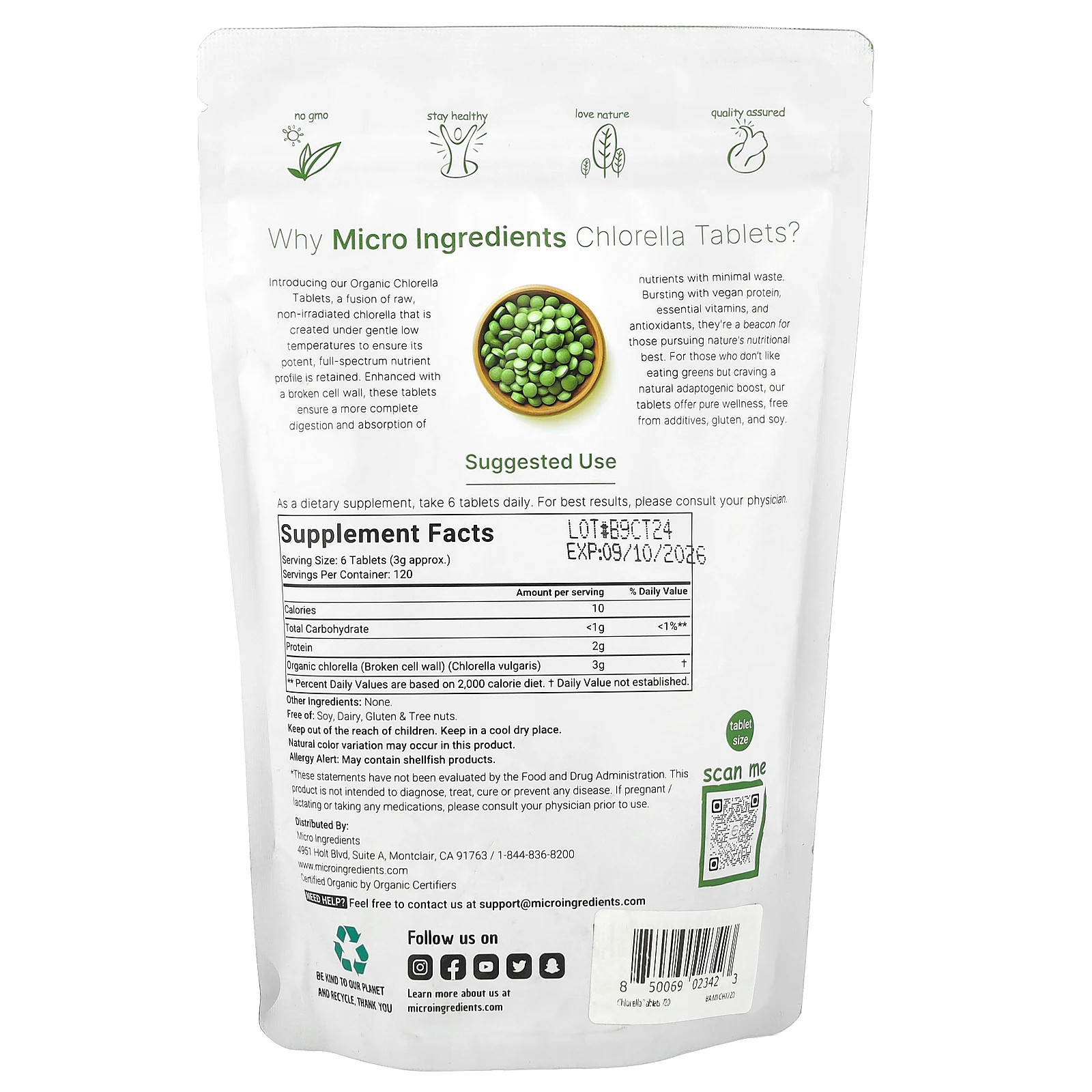 Organic Chlorella Tablet, 720 Tablets (0.5 g per Tablet)