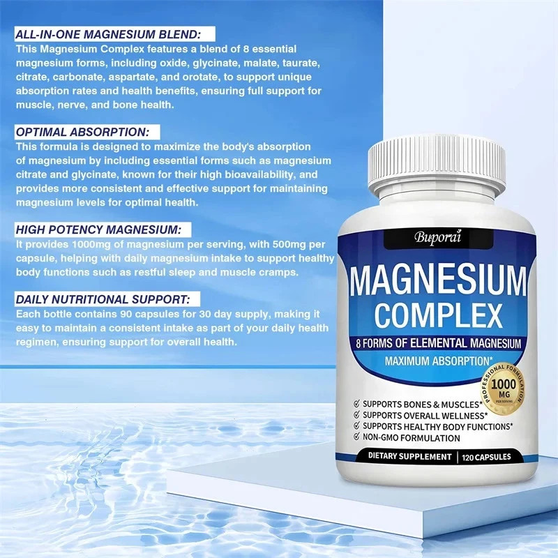 Magnesium complex supplement: 1000mg of 8-element magnesium, 180 capsules