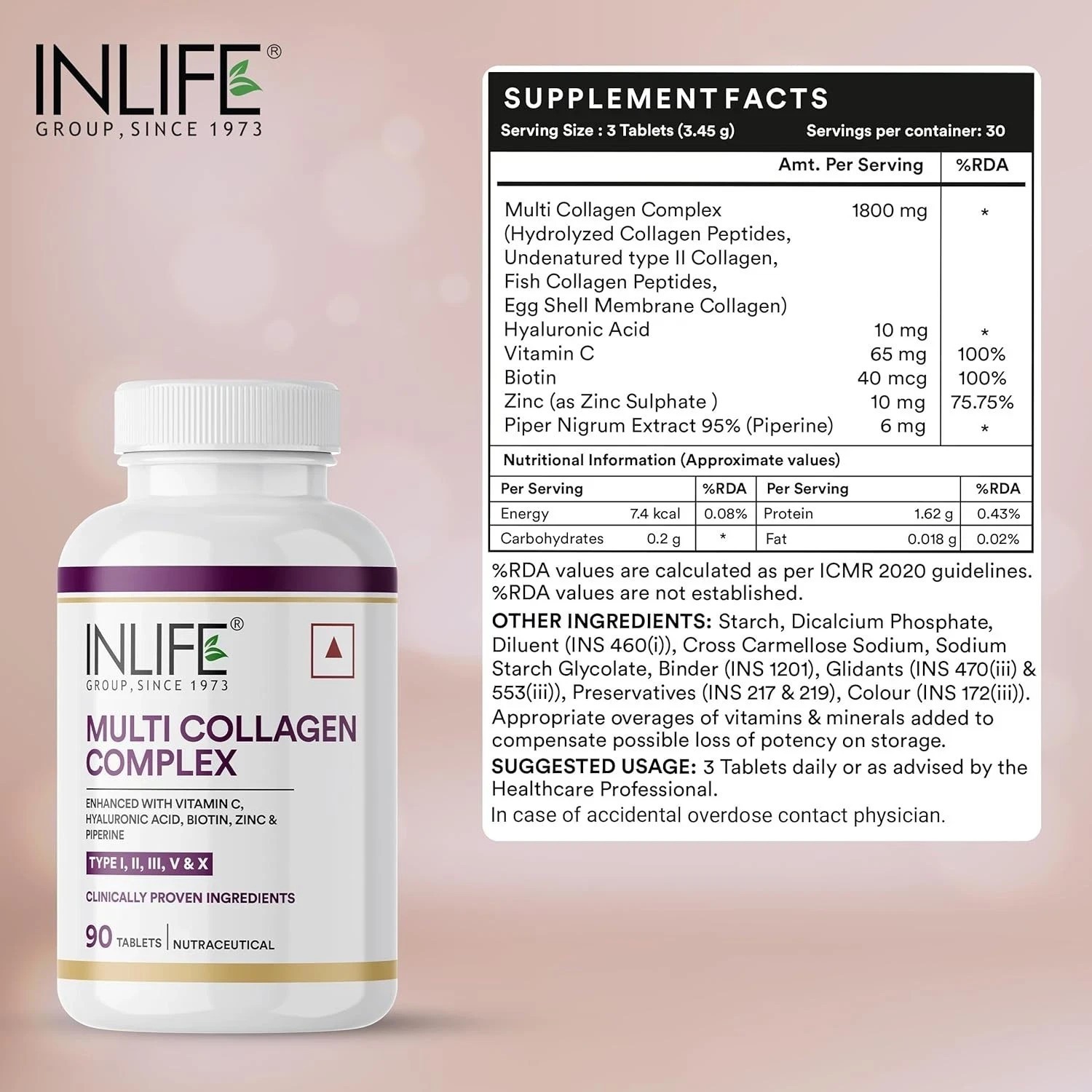 INLIFE Multi Collagen Complex Tablets | 5 Types Peptides – 90 Tab
