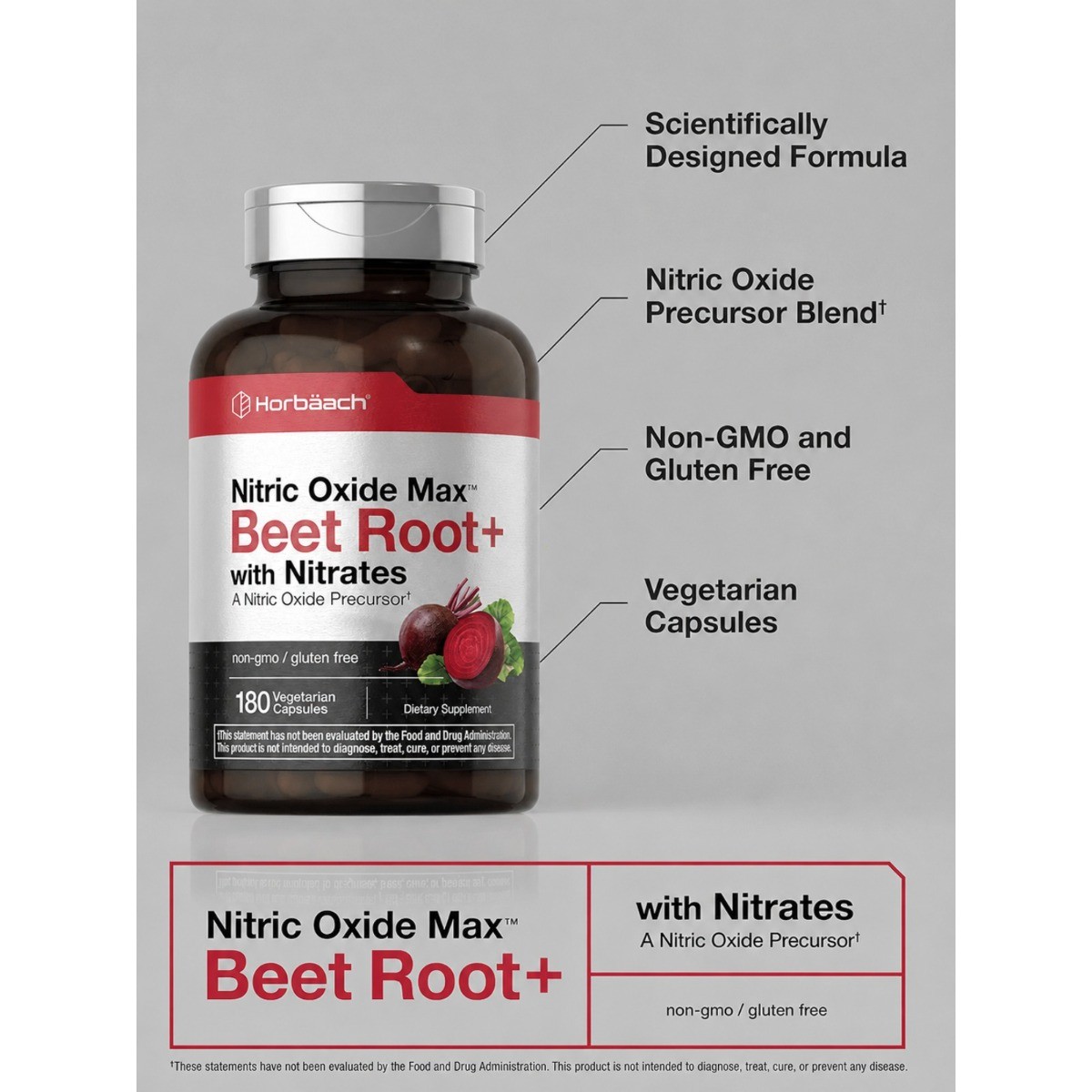 Nitric Oxide Max Beet Root+ with Nitrates–Non-GMO, Gluten-Free, 180 Veg Capsules