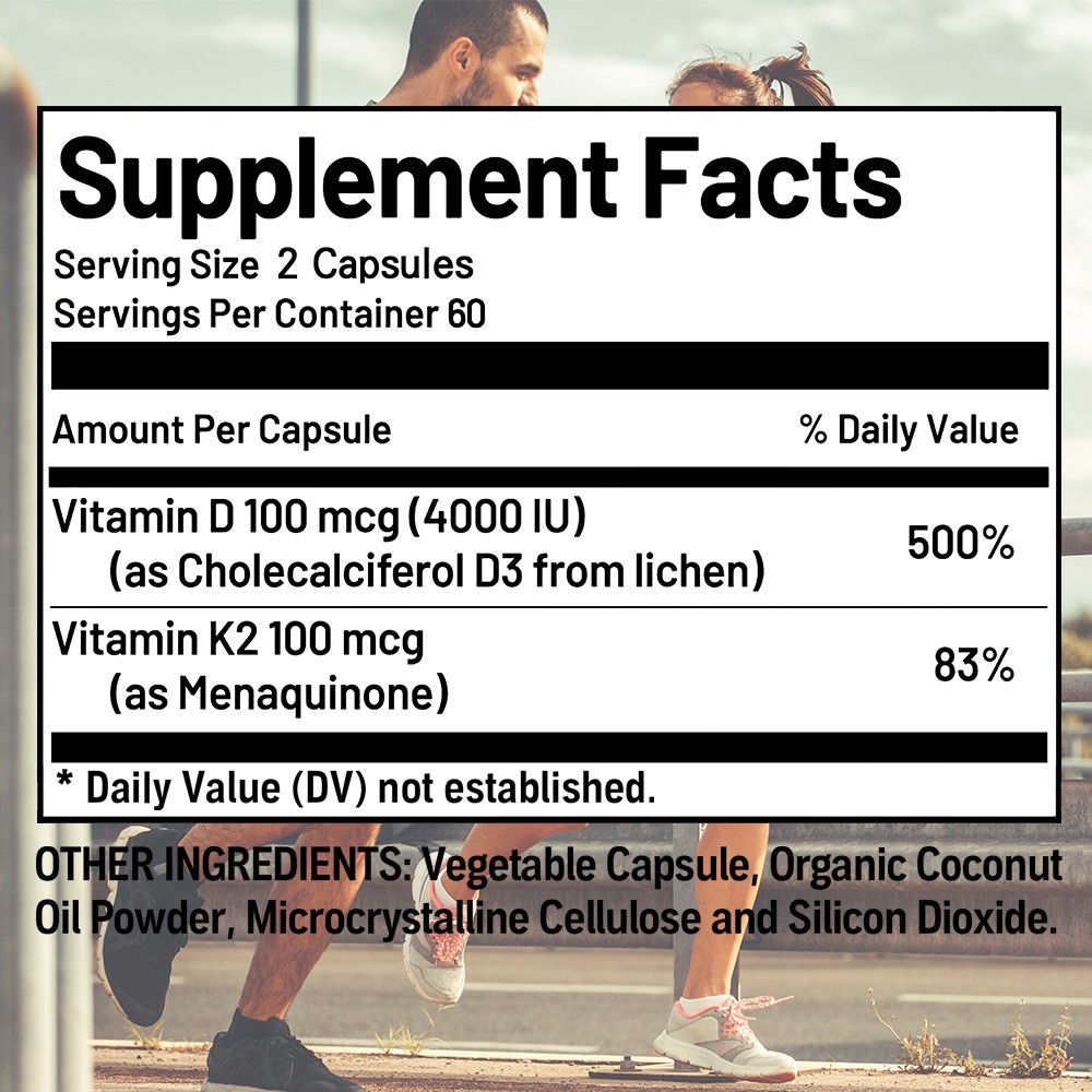 Vitamin D3+K2 Plant Based With Coconut Oil Bone Strength 30/60/120 Capsules