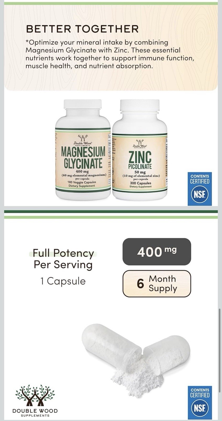 Double Wood Supplements Magnesium Glycinate 400mg 180 Veggie Capsules NSF GMP