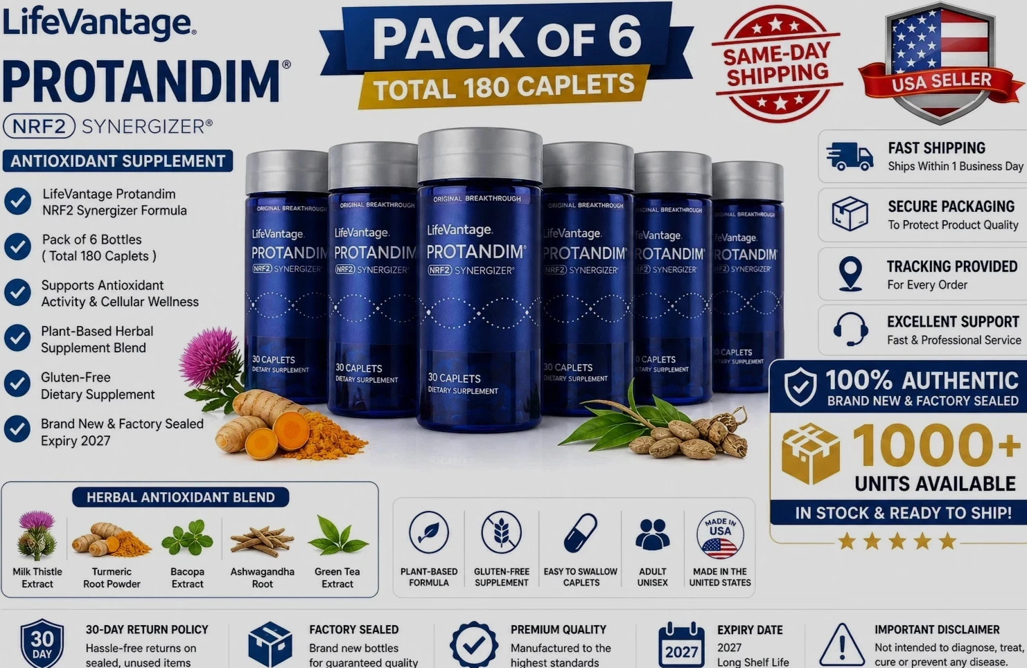 Life Vantage Protandim NRF2 Synergizer 180 Total Caplets 6 Bottles EXP-12/2028.
