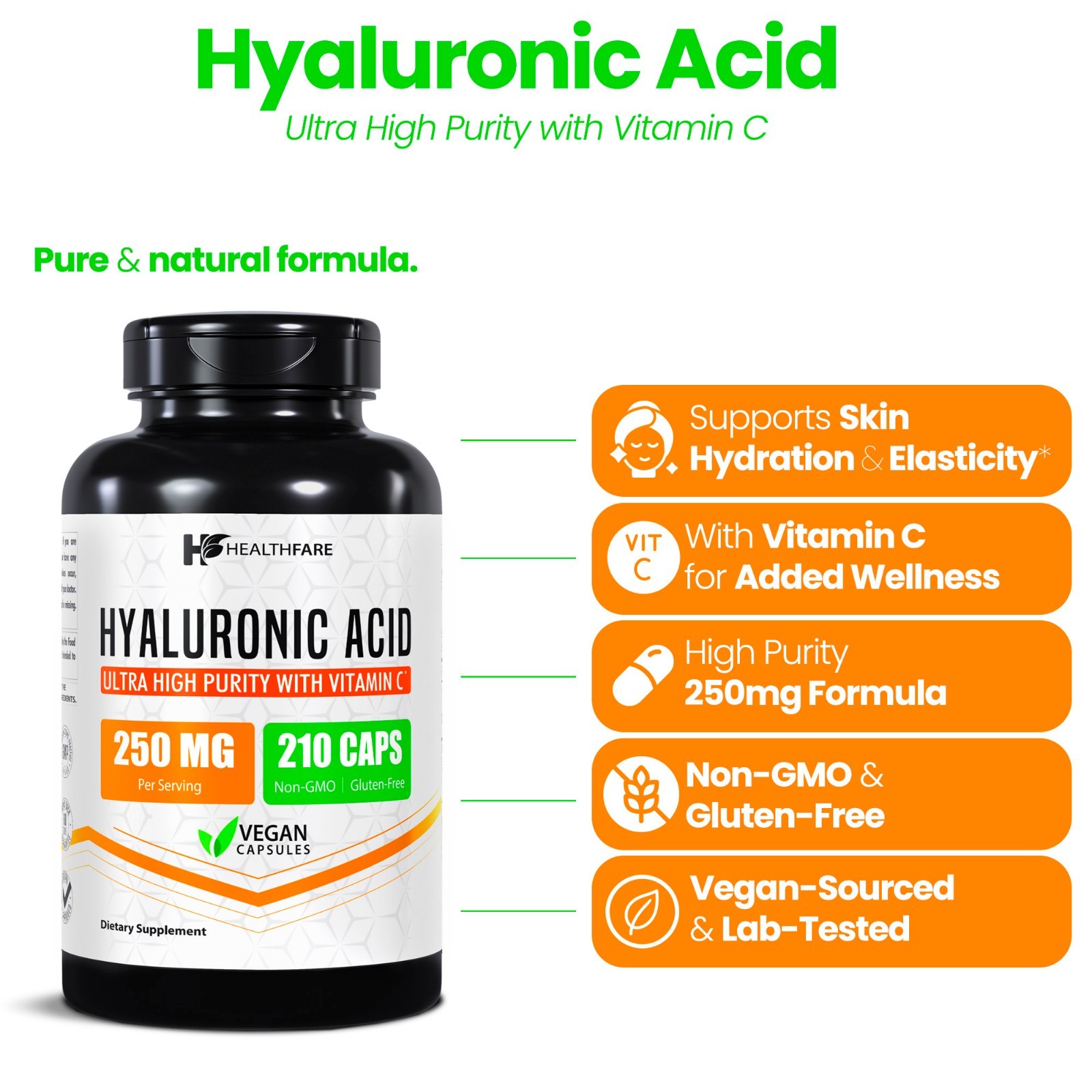 Hyaluronic Acid 250mg 210 Capsules 25mg of Vitamin C For Joint and Skin Health