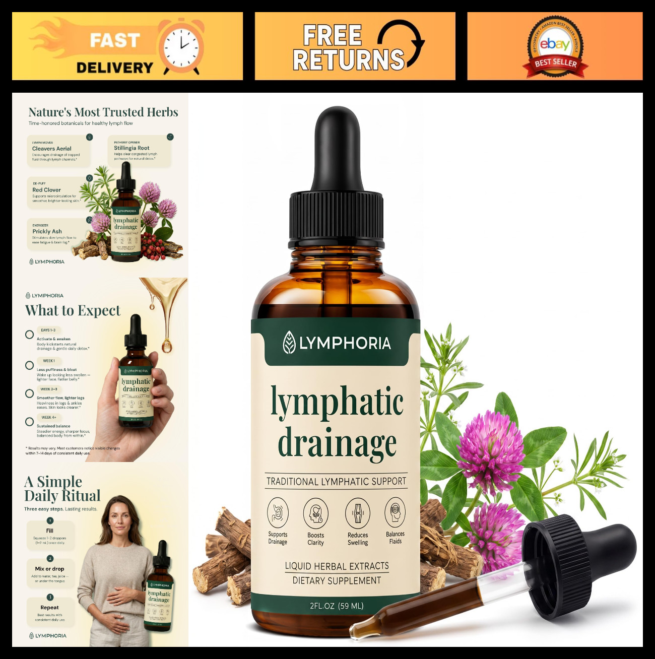 Lymphatic Drainage Drops for Bloat Relief & Detox – Vegan, Alcohol-Free, 2 Fl Oz