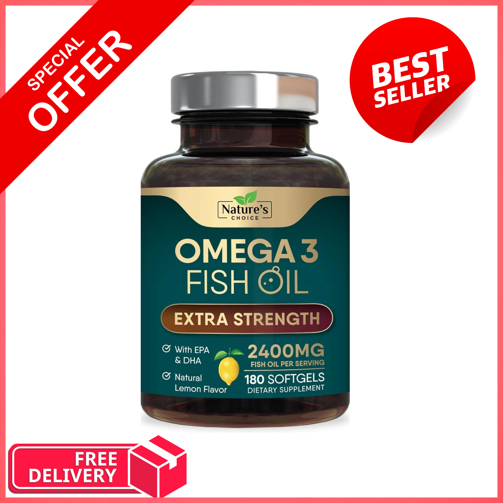 Triple Strength Omega 3 Fish Oil Supplement 2400 mg – EPA & DHA Fish Oil Omega 3