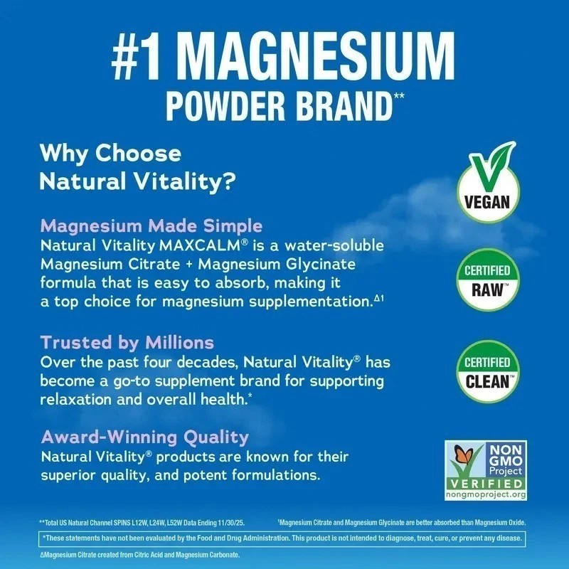 Calm Magnesium Powder Natural Vitality Raspberry Lemon Flavor 16oz Supplement