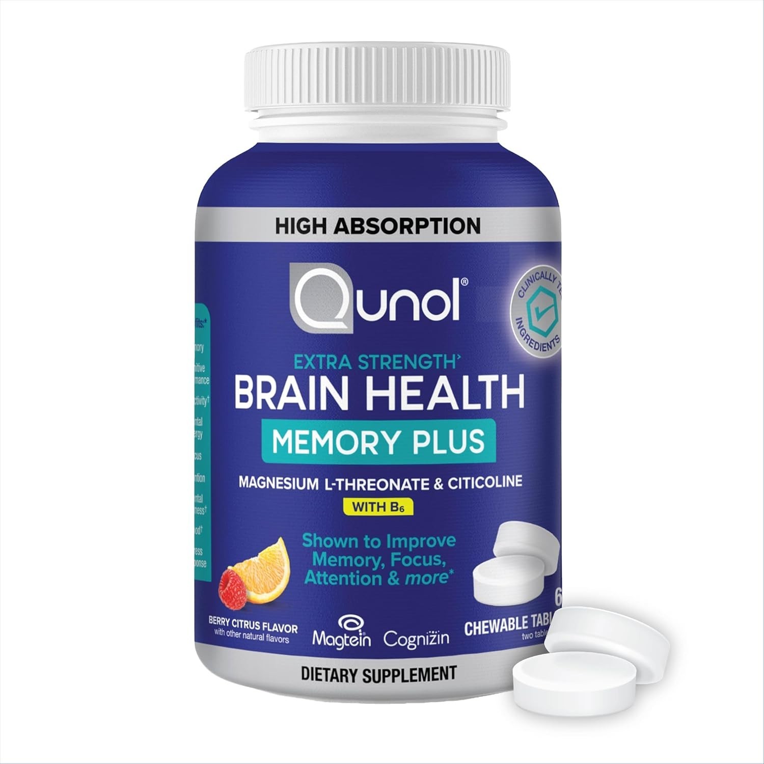 Qunol Brain Health Memory Plus Chewable Tablet with B6, Magnesium LThreonate …