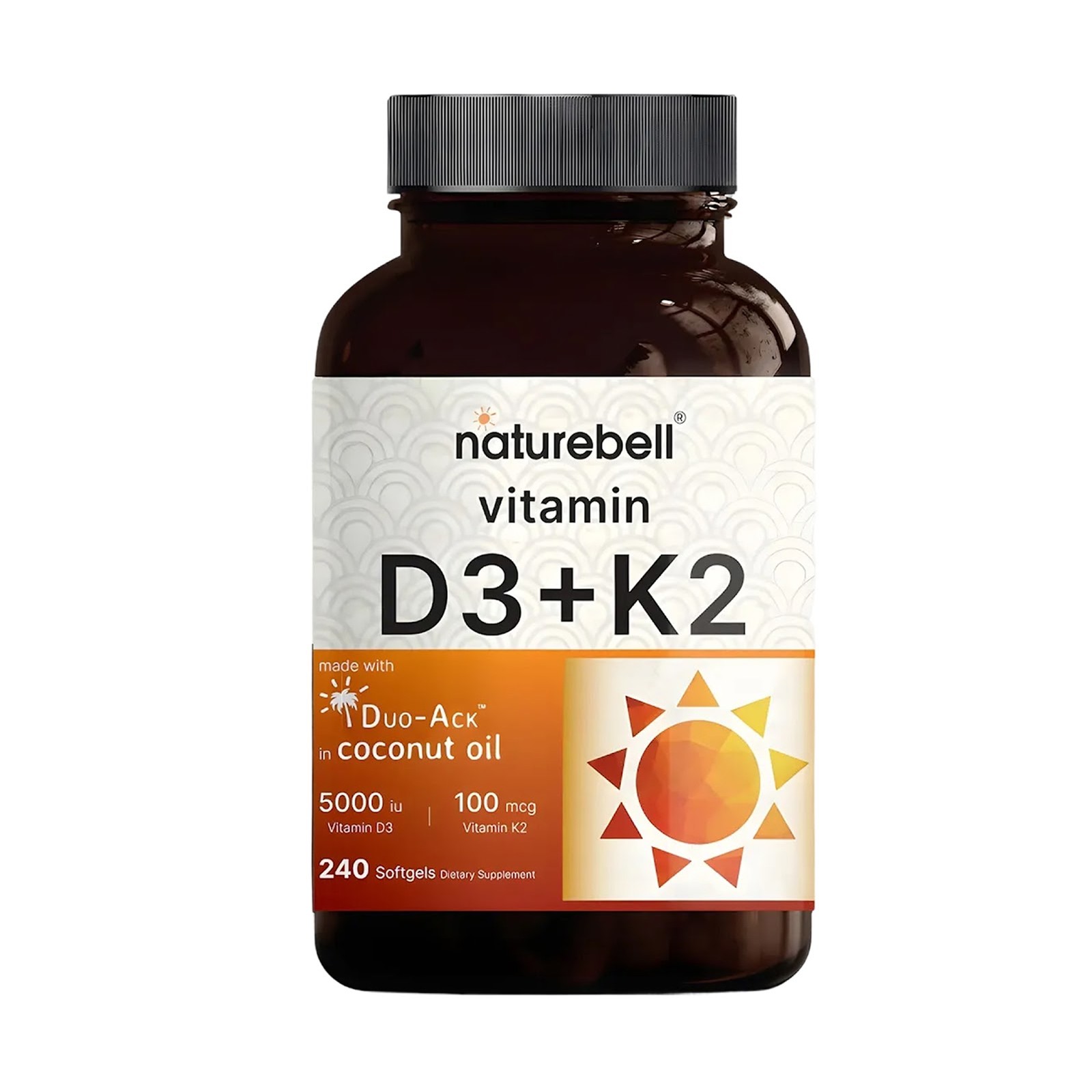 NatureBell Vitamin D3 K2 5000 IU 240 Softgels MK-7 Coconut Oil – 240 Servings