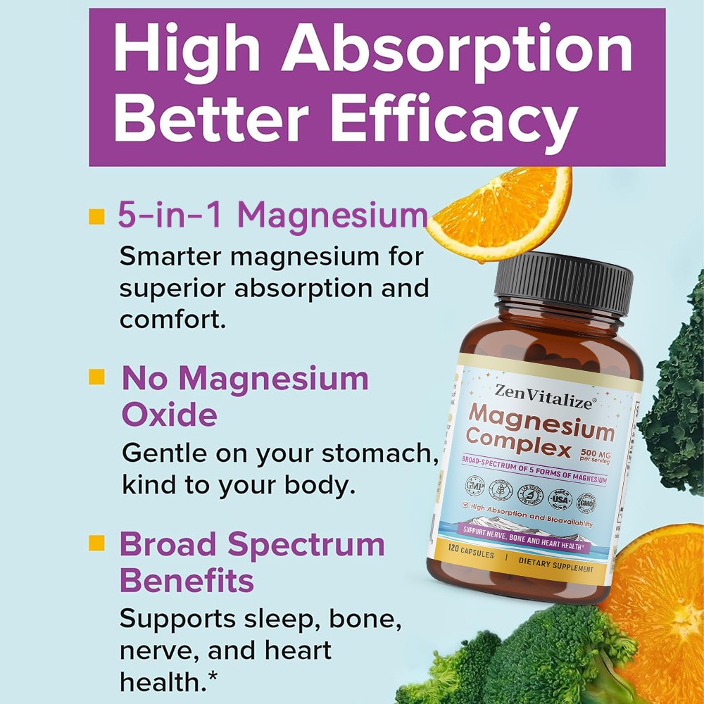 ZenVitalizet Magnesium Complex 500mg, 30/60/120 Capsules-Gluten Free and Non-GMO