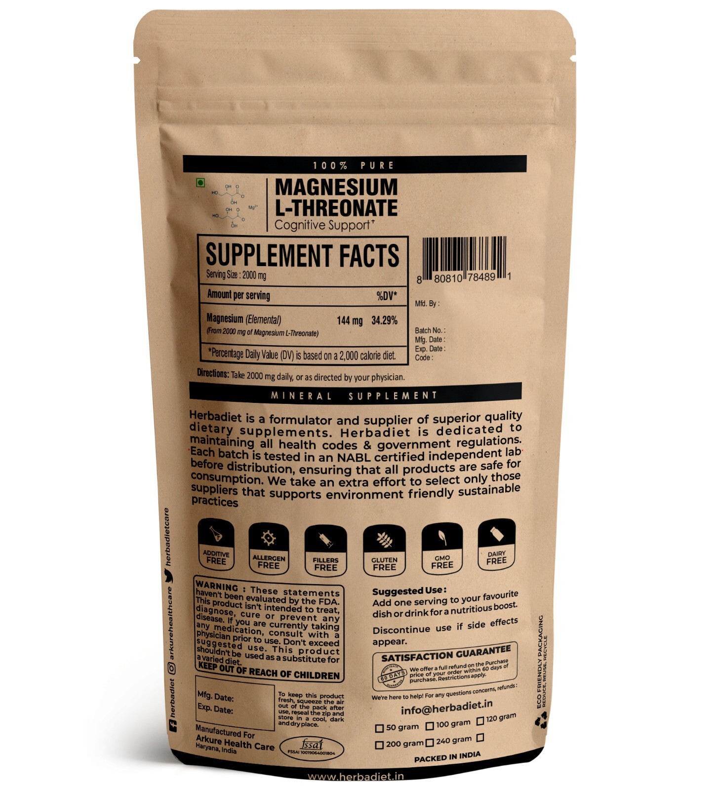 Magnesium L-Threonate Powder – Essential Mineral – Unflavored – Non GMO