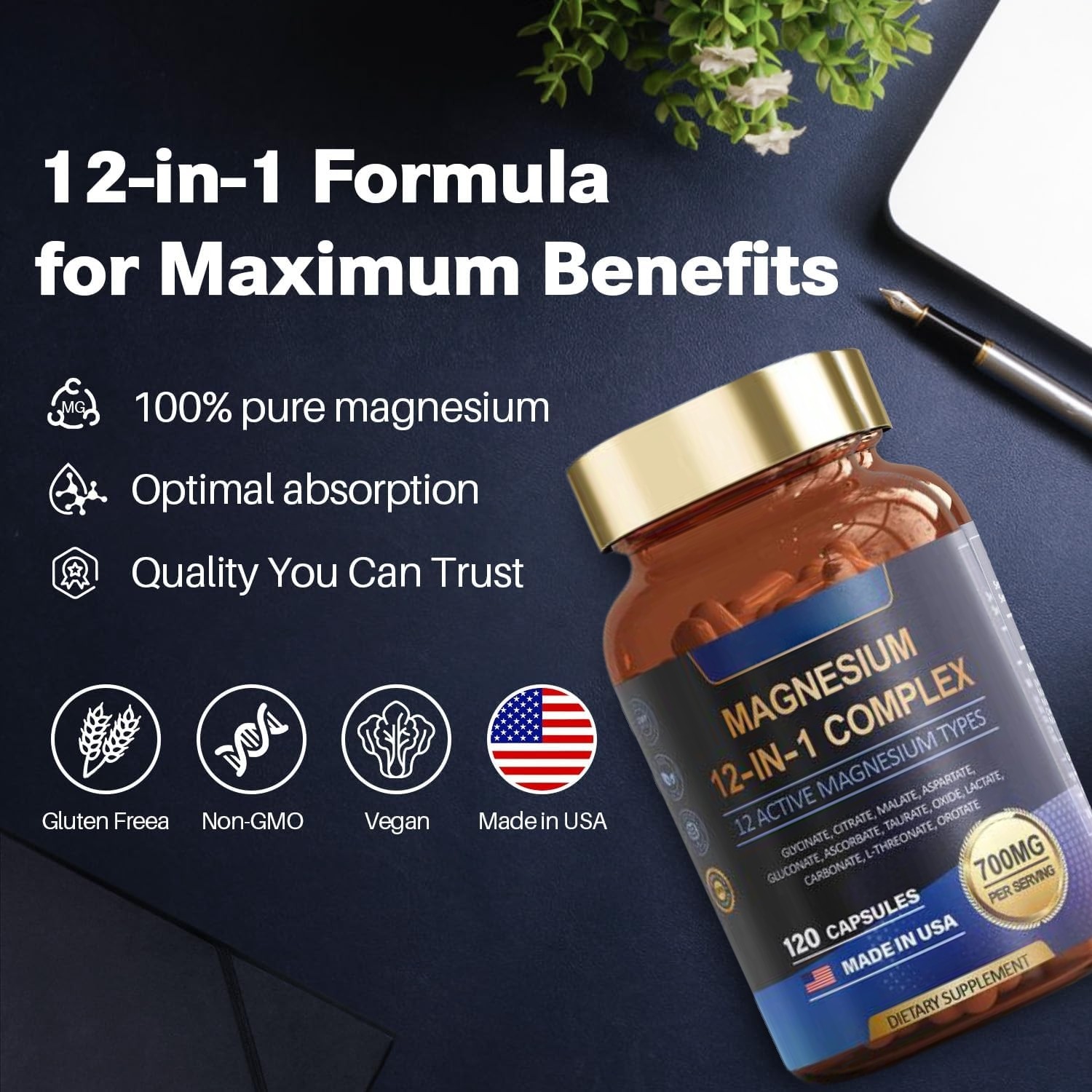 1-3 PACK Magnesium Complex 700mg 12 in 1 Magnesium Supplement with 120 counts-+