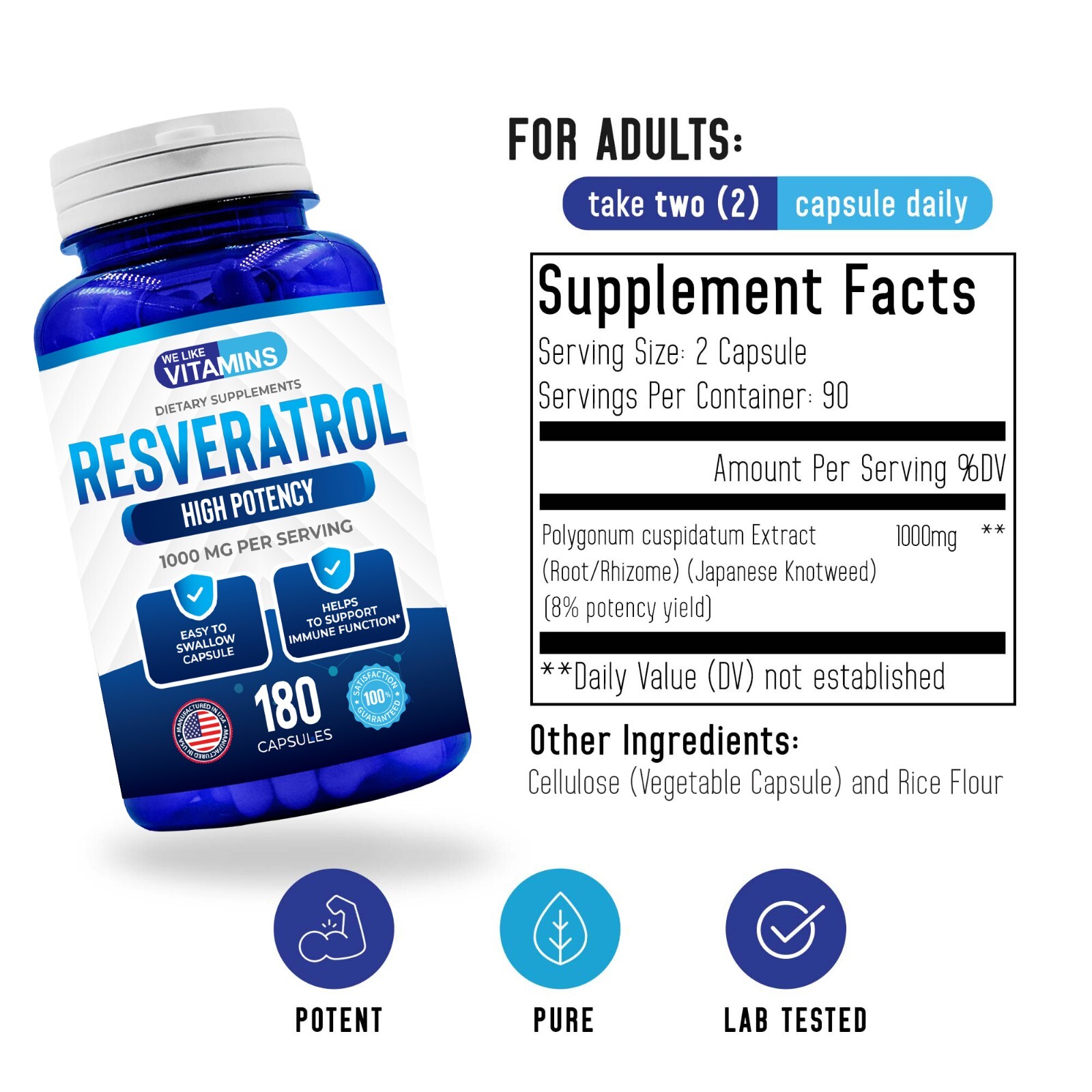 Resveratrol Capsules 1000mg Serving 180 Capsules Anit-Aging and Cardiovascular