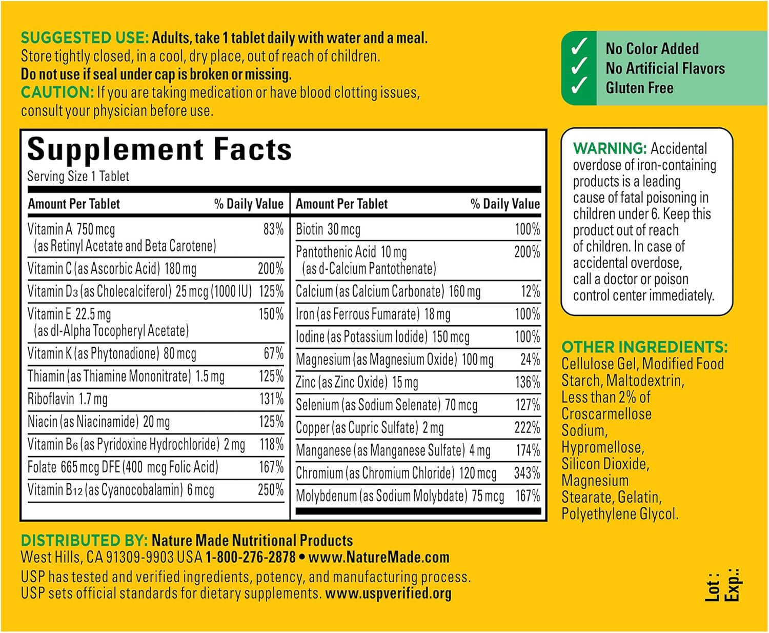 Multivitamin Tablets with Vitamin D3 and Iron, 130 Count for Daily Nutritional S
