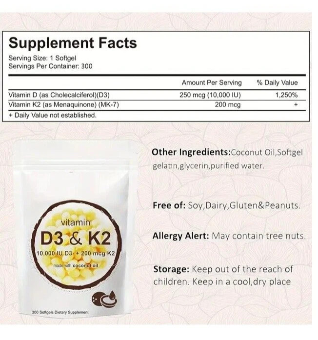 Vitamin D3 10,000IU Vitamin K2 200mcg MK-7 Meenaquinanone 200mcg Coconut Oil