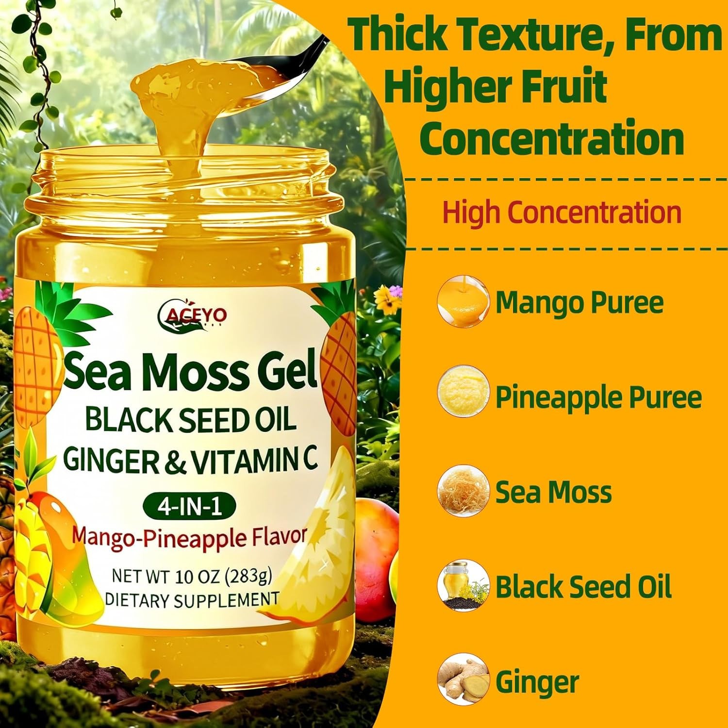 ACEYO Sea Moss Gel 4-in-1 Mango Pineapple Vegan Superfood 10oz