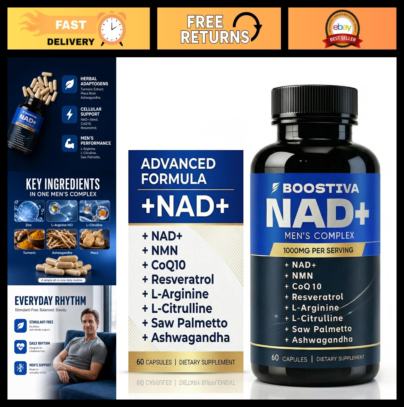 NAD+ Supplements for Men – Resveratrol, CoQ10, L-Citrulline, Lycopene, 60 Caps
