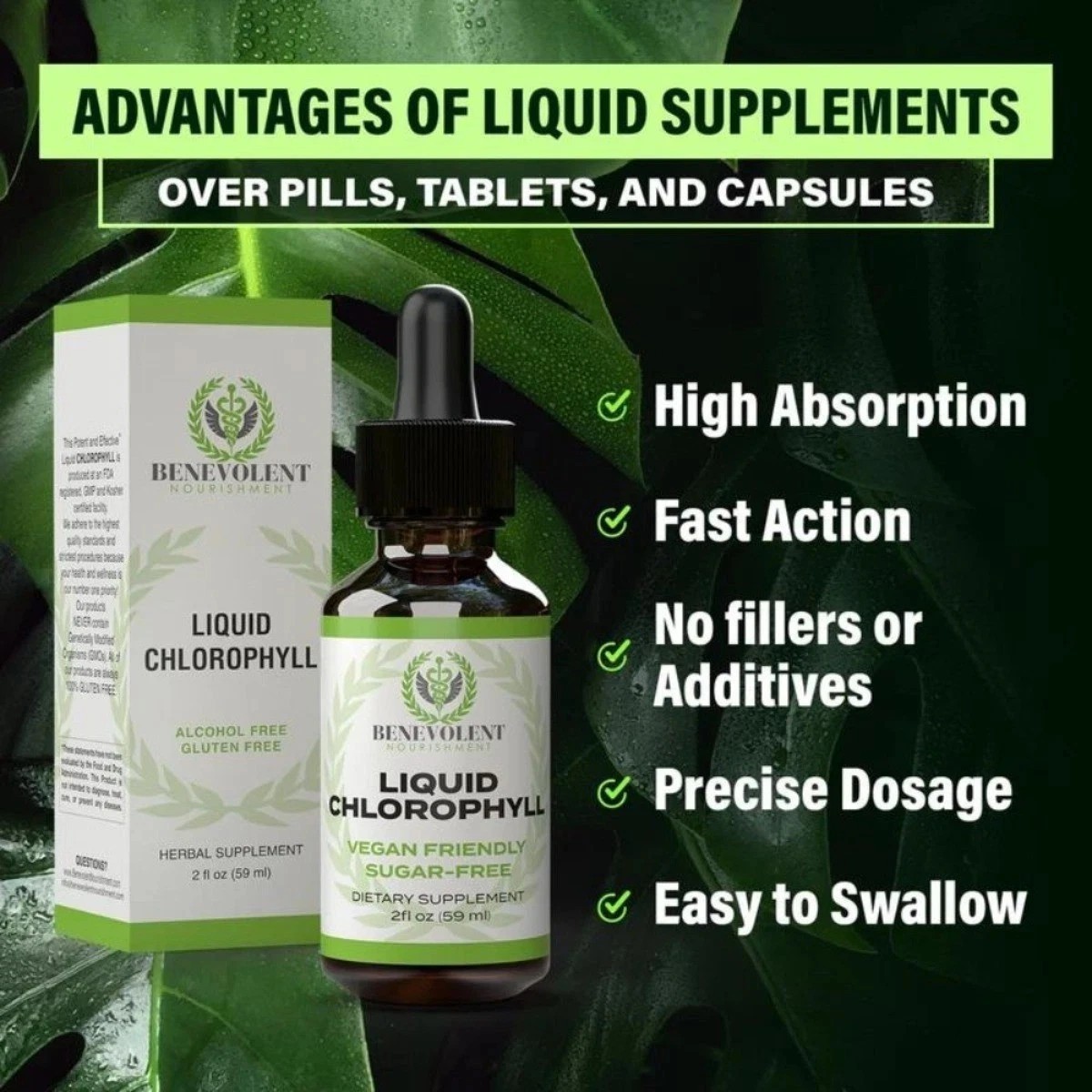 Benevolent Liquid Chlorophyll Drops 4 Month Supply Alcohol Free Detox