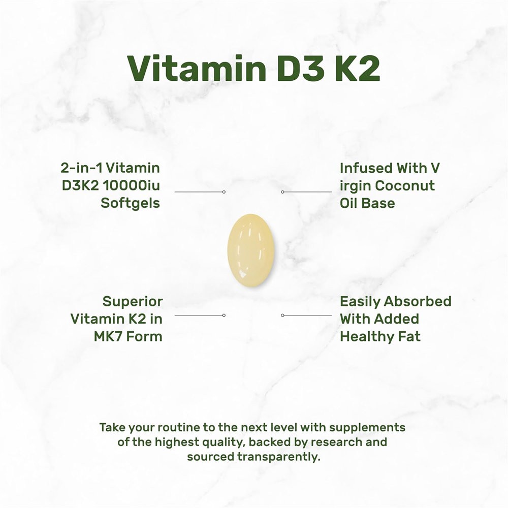 Microingredients Vitamin D3 10000 iu K2 (MK-7) 200 mcg, 300 Coconut Oil Softgels
