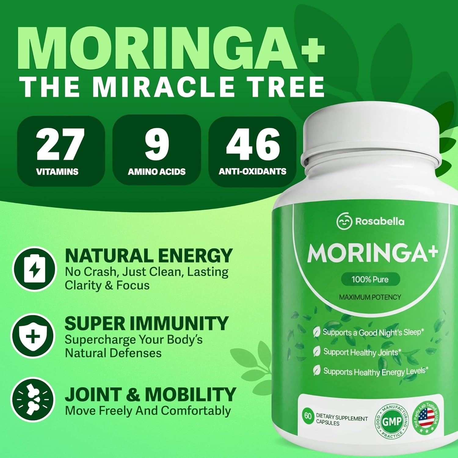 Rosabella MORINGA 3-Pack – Pure & Potent – Sleep, Joints, Energy
