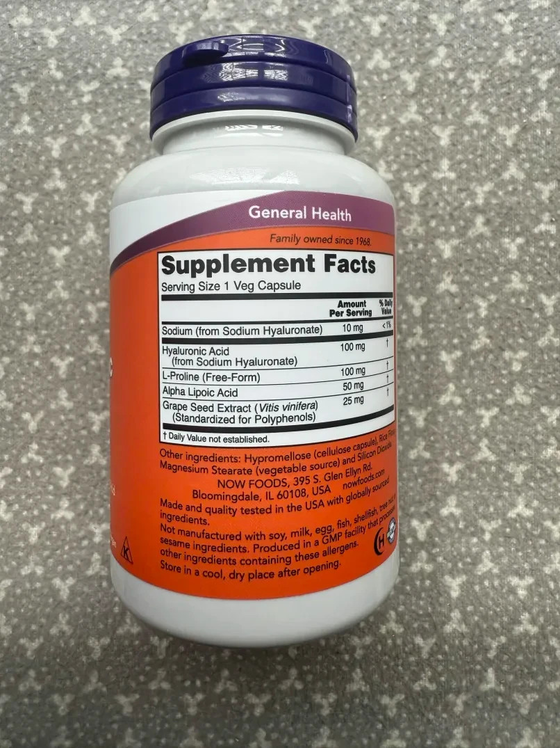 NOW Foods Supplements Hyaluronic Acid 100 mg Double Strength 120 Veg Capsules