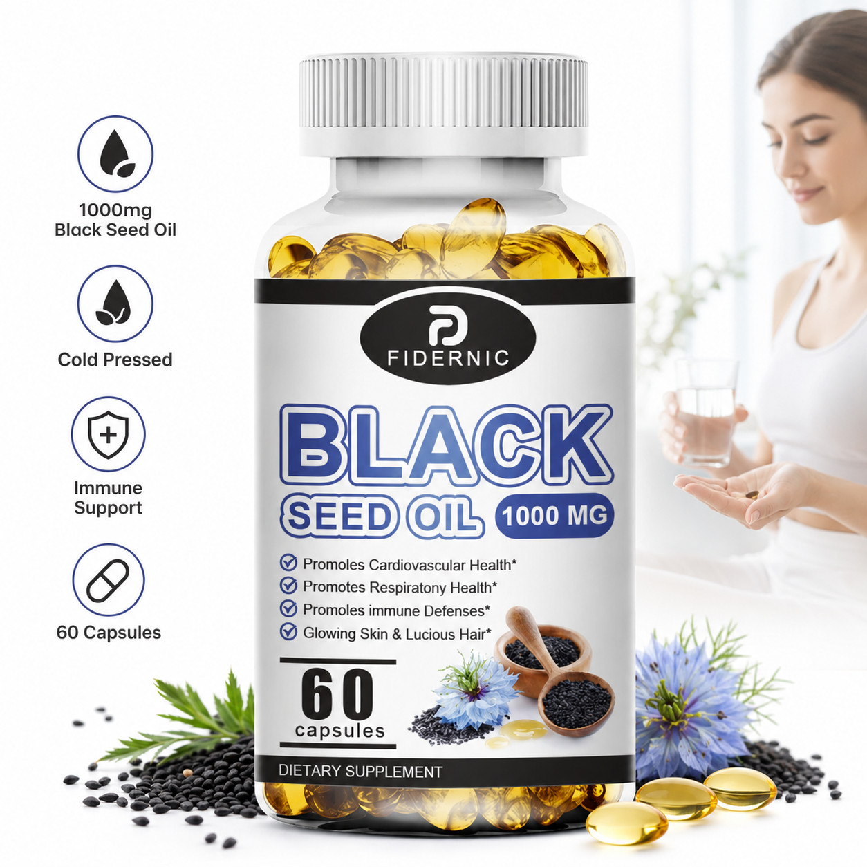 Black Seed Oil 1000mg 60 Capsules Cold Pressed Nigella Sativa
