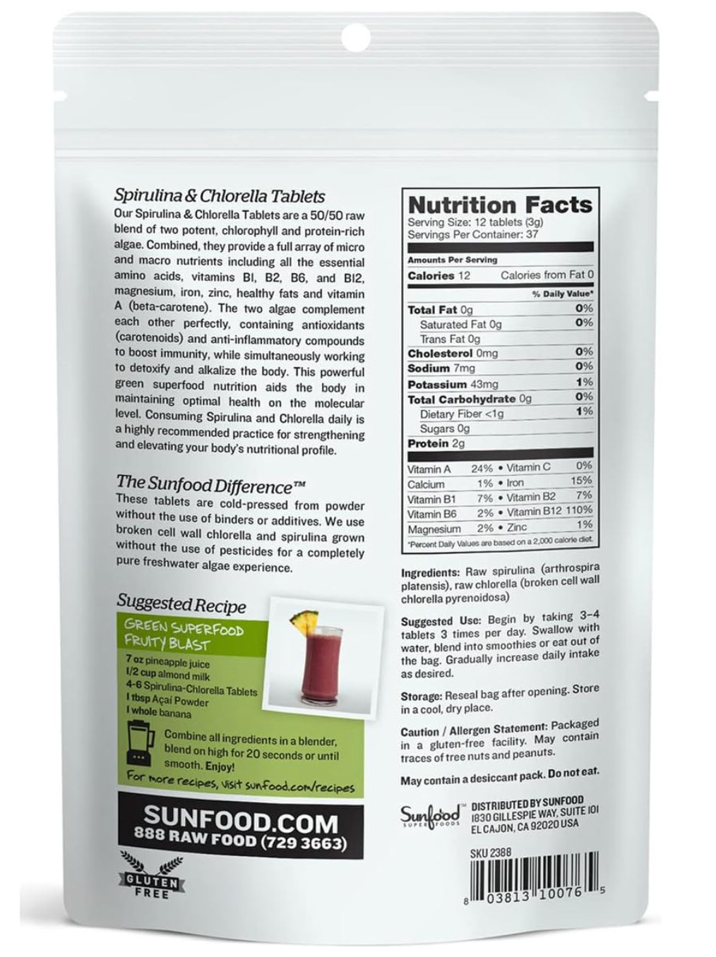 Sunfood Superfoods Chlorella Spirulina Tablets Vegan 4 oz Broken Cell Wall (80)