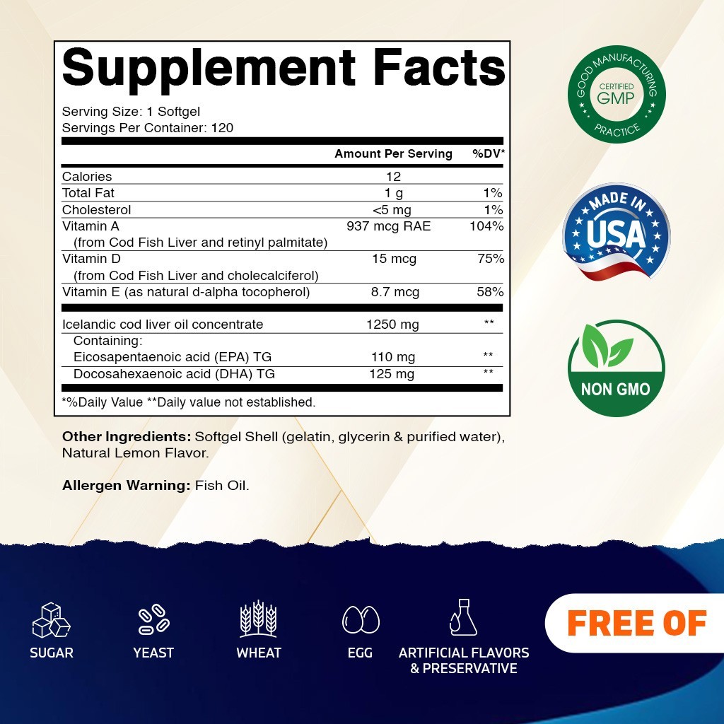 3 Pack – Vitamatic Norwegian Cod Liver Oil 1250mg 360 Softgels (Lemon Flavor)