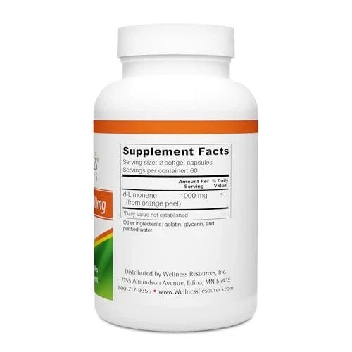 Wellness Resources High Potency d-Limonene Capsules 500mg, 120 Capsules – Orange