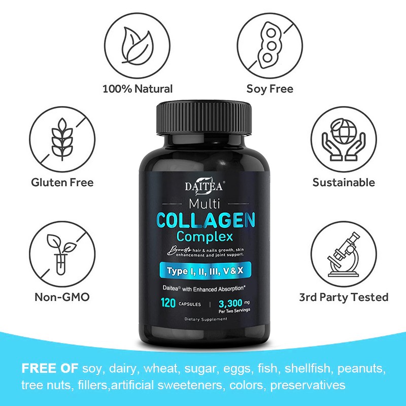 Collagen Complex Type I,II,III,V,X-Easy to swallow Gluten Free Non-Gmo 30/60/120