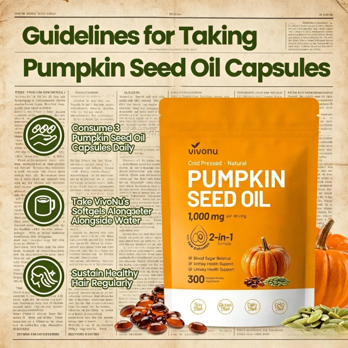 VIVONU Pumpkin Seed Oil 1000mg with Saw Palmetto 300 Softgels