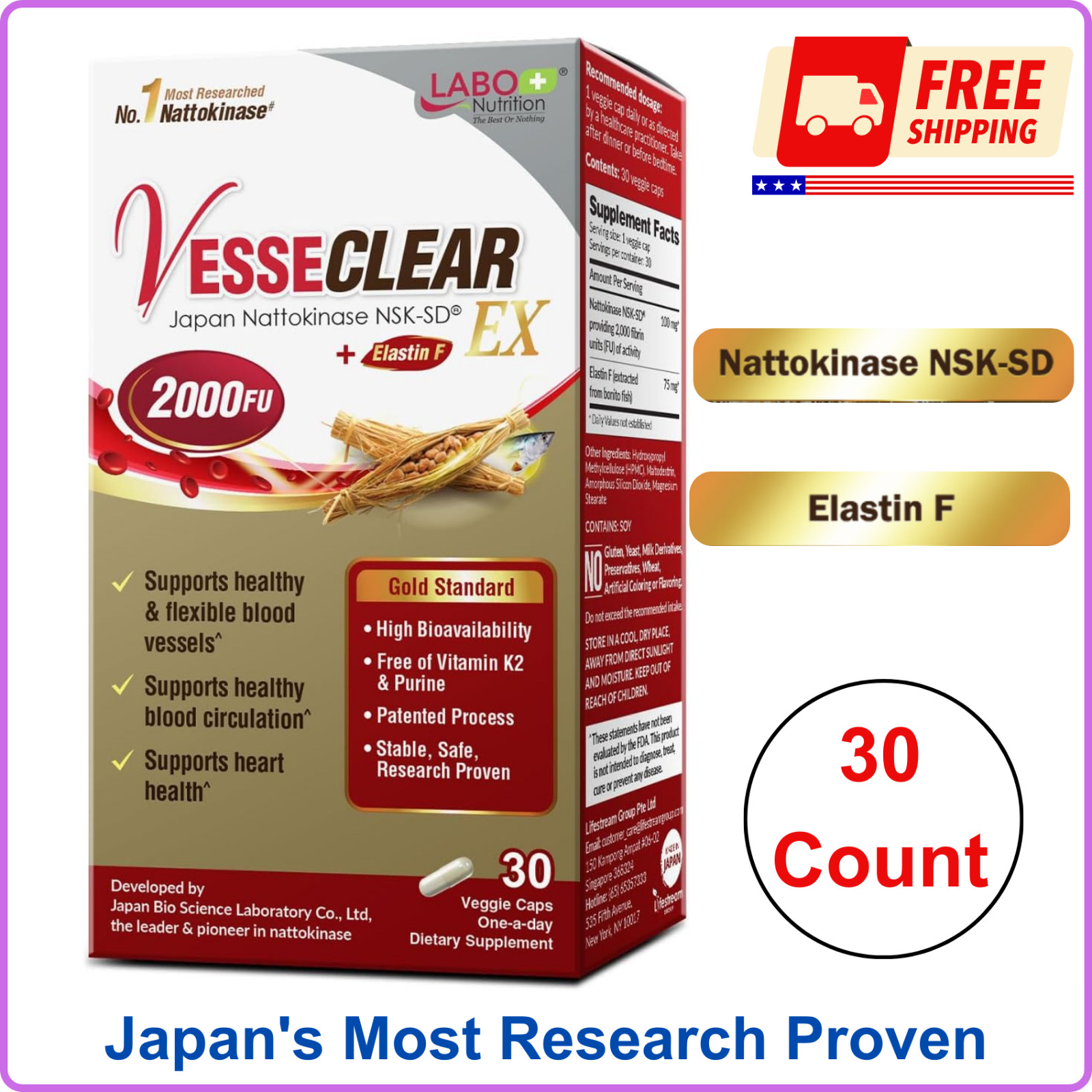 LABO Nutrition VesseCLEAR EX Nattokinase NSK-SD+Elastin F For Clean Blood Vessel