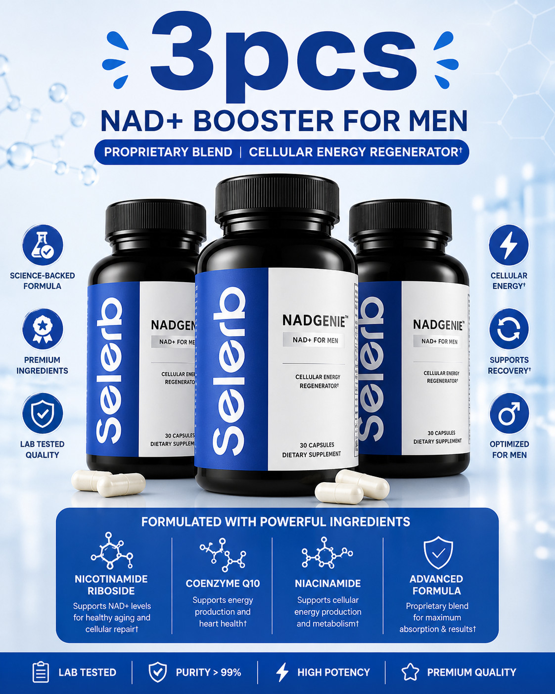 Selerb NAD+ Supplement for Men L-Carnitine, L-Arginine, Maca & Ashwagandha 3pcs*