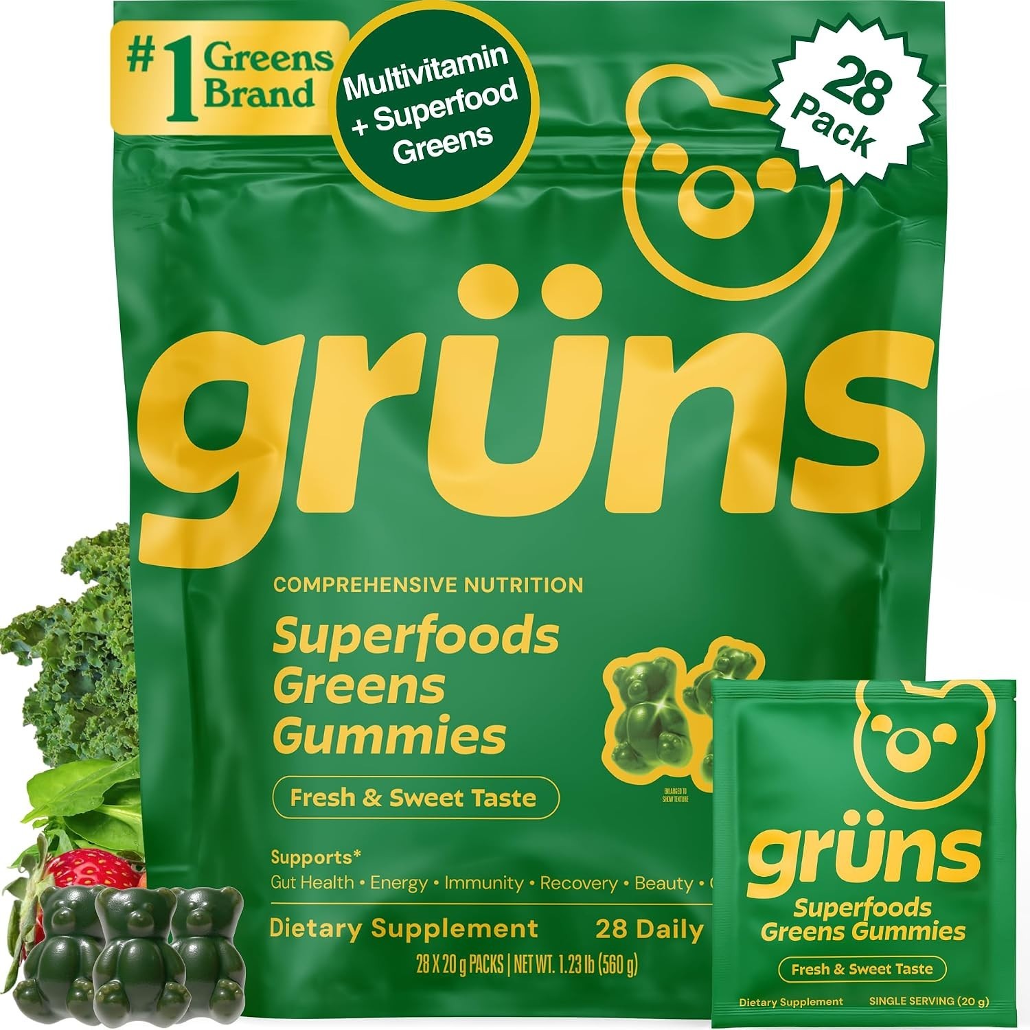 SEALED! Gruns Superfoods Greens Gummies 224ct (28 Packs) Sugar-Free Exp. 12/26