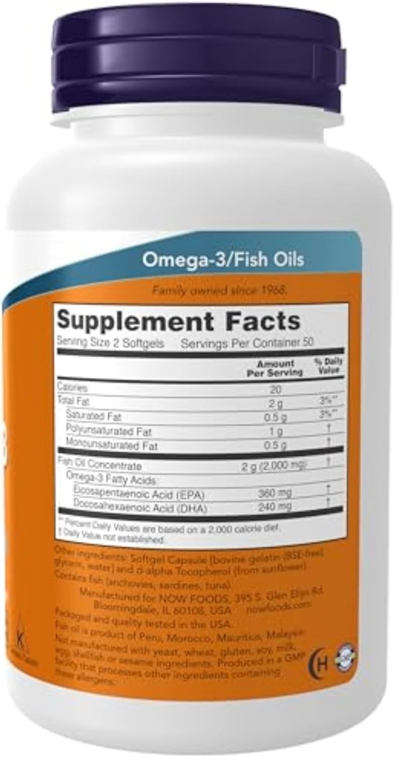 NOW Omega 3 Fish Oil 100 Softgels 180 EPA 120 DHA Cardiovascular Support