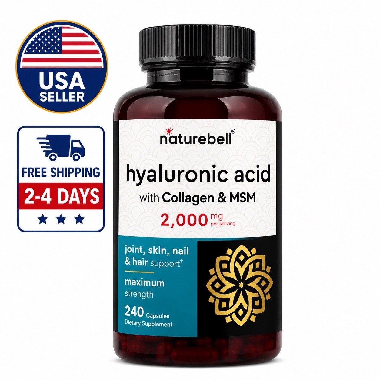 NatureBell Hyaluronic Acid 2000mg Collagen MSM 240 Caps Skin Hair Joint