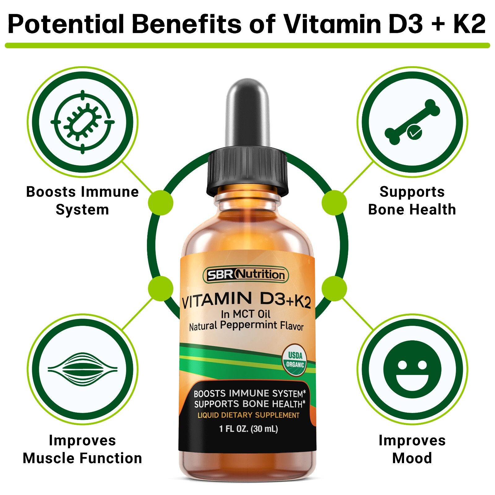 Vitamin D3+K2(MK-7) Liquid Drops, MCT Oil, Immune Support, USDA Organic, 1 fl oz