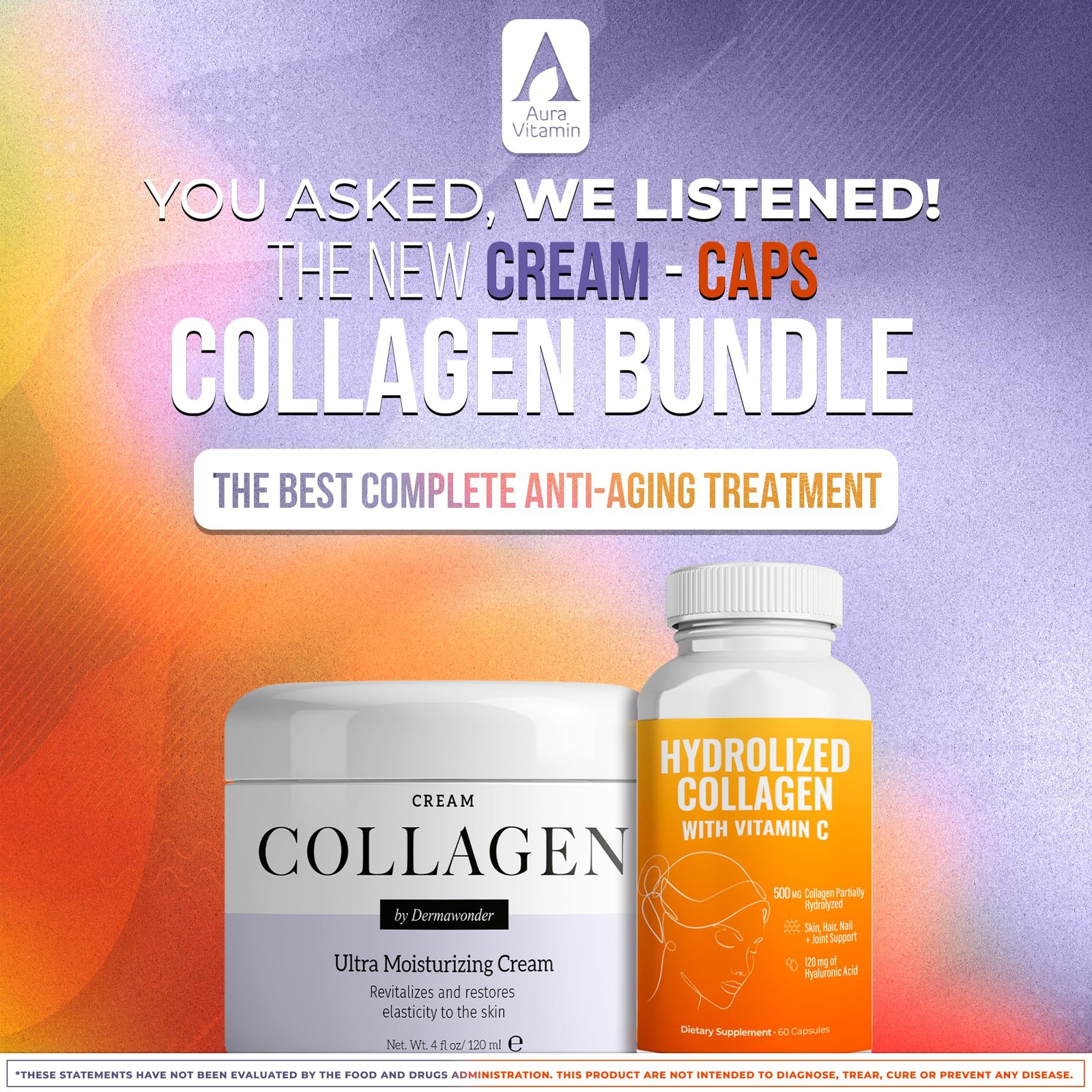 AURA VITAMINS Ultra Collagen Pack | Hydrolyzed Collagen with Vitamin C 500mg 60C