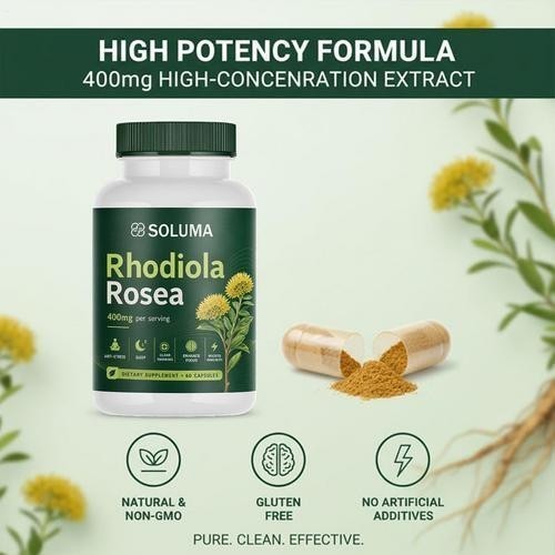 Soluma Rhodiola Rosea, 400mg Per Serving features Bioperine, 60 Capsules 1-3 pac