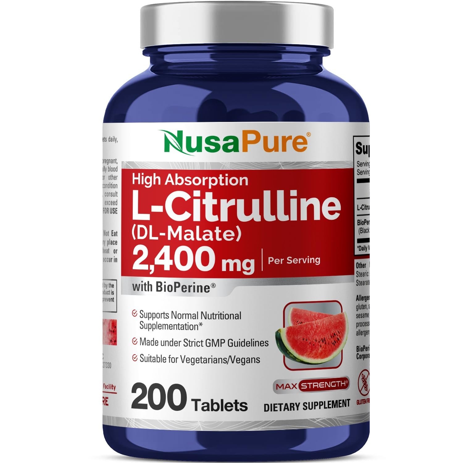 L-Citrulline 2400mg – 200 Veggie Tablets, Non-GMO, Gluten-Free, 100-Day Supply