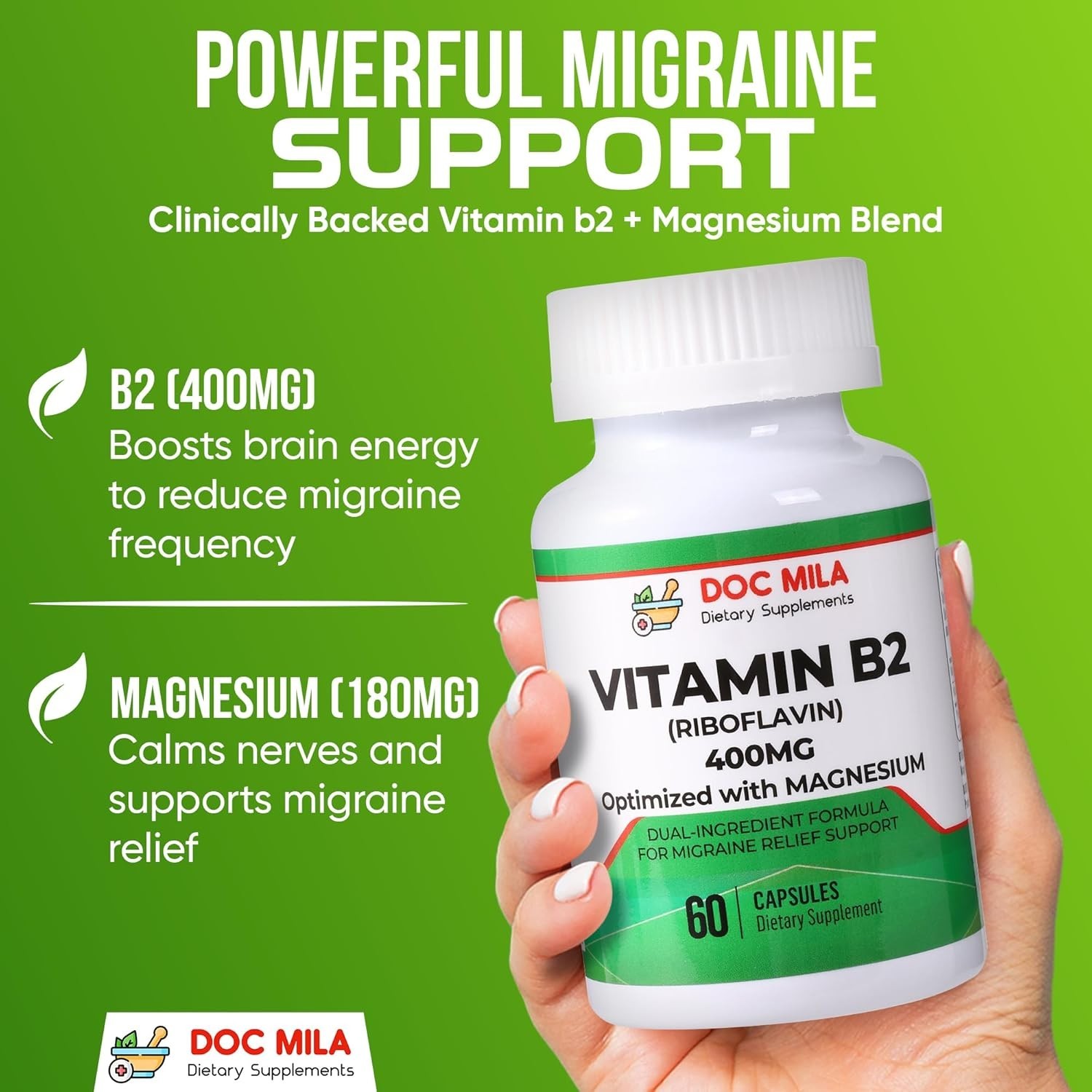 Doc Mila Vitamin B2 Riboflavin 400mg Migraine Support Vegan 60 Capsules Pills