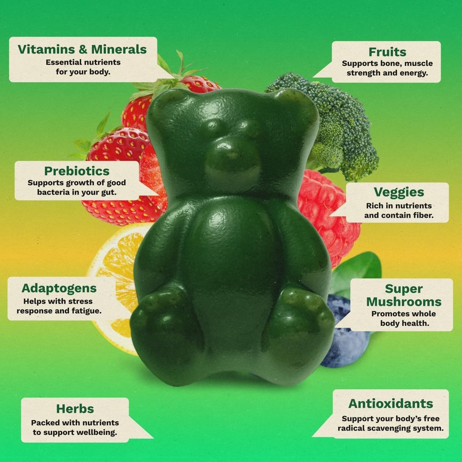 Grüns Superfood Greens Gummies – Digestive & Immune Support – 60ct