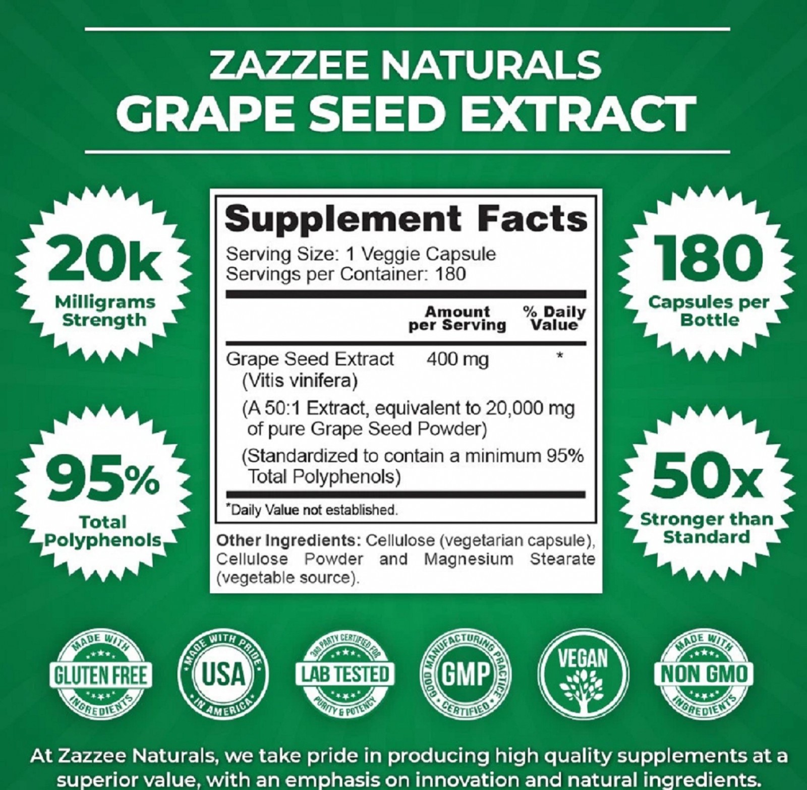 Zazzee Grape Seed Extract 180 Veggie Capsules 400 mg 95% Polyphenols Antioxidant