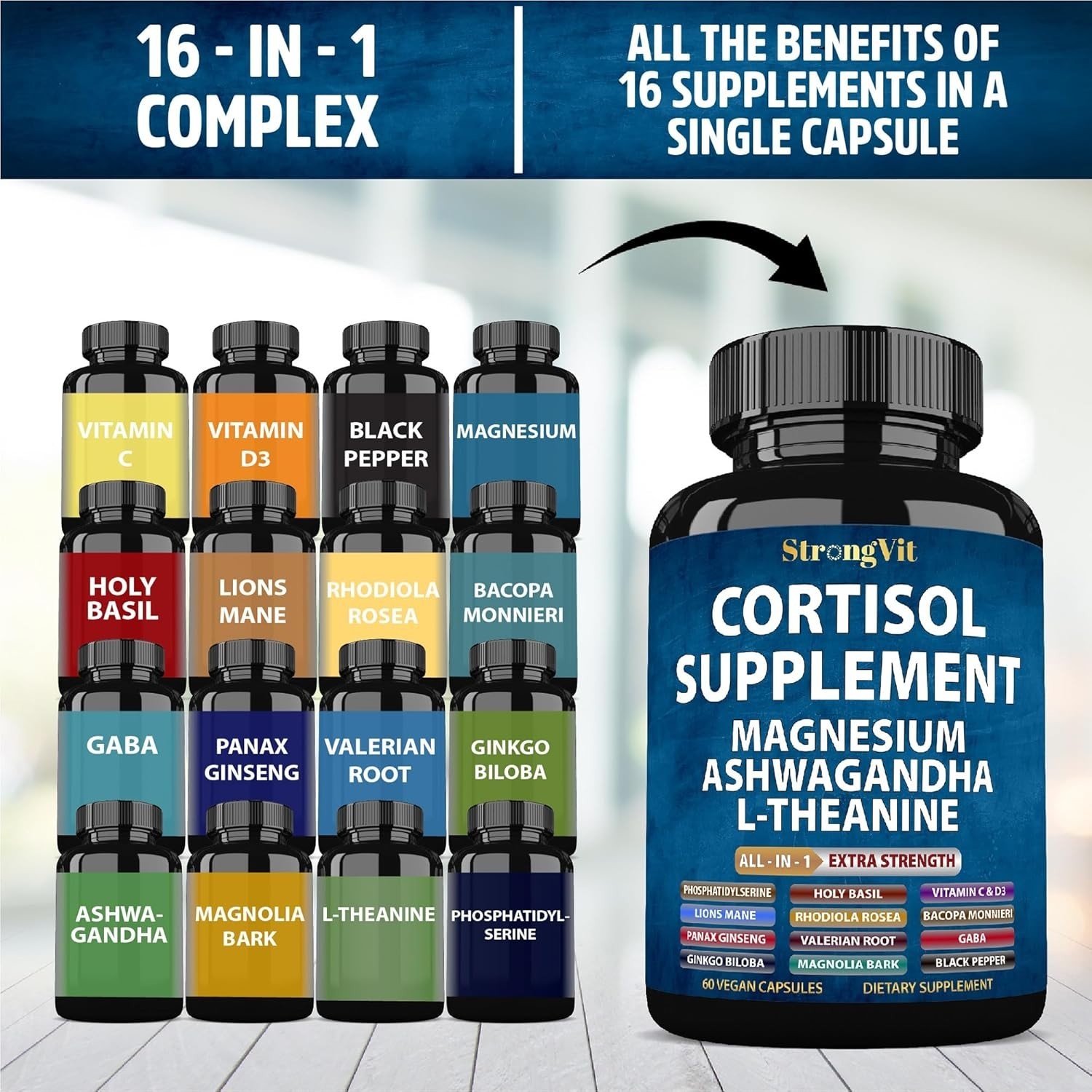 Comprehensive 16-in-1 Cortisol Support Formula for Sleep & Relaxation, 60 Caps