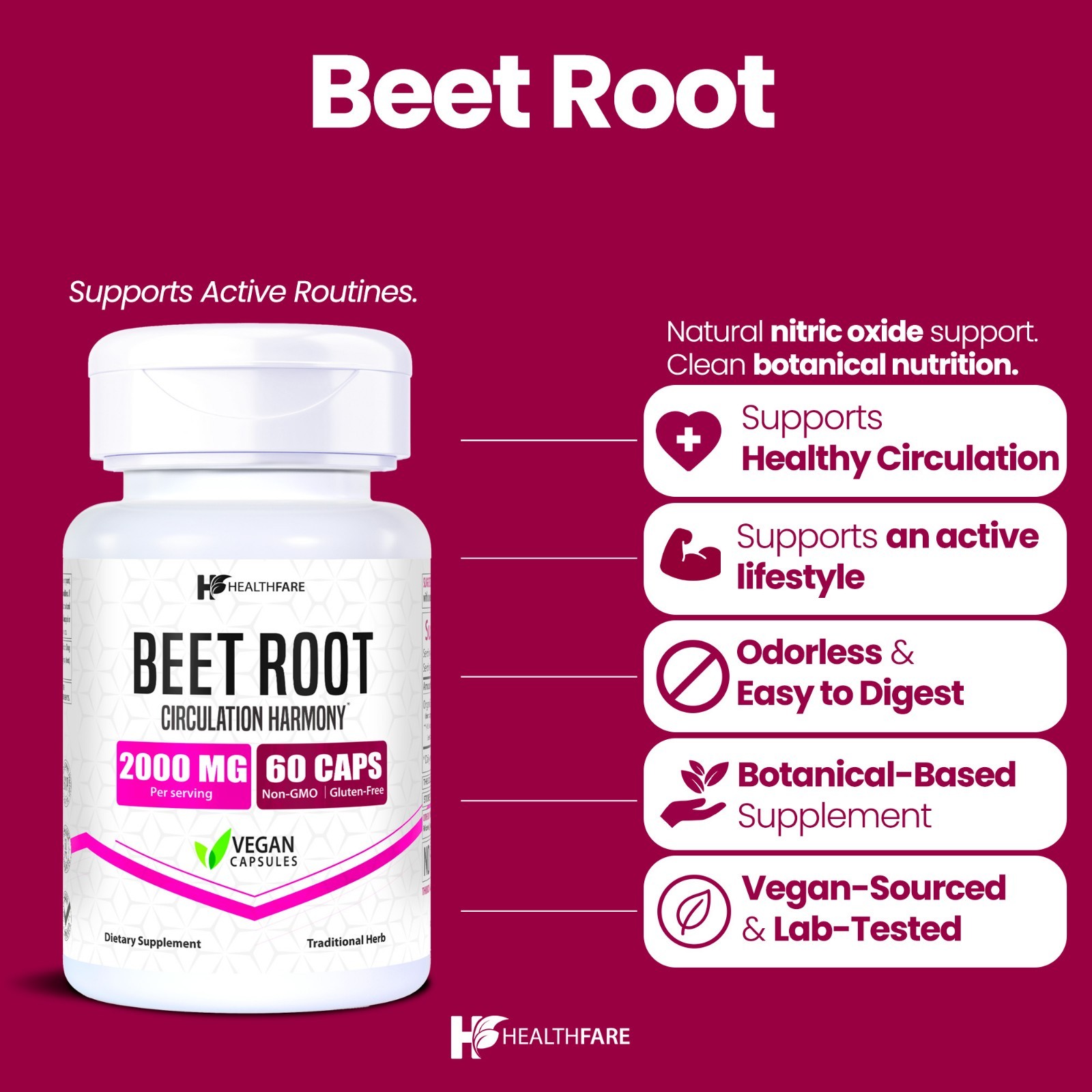 HealthFare Beet Root 2000 mg Strength 10:1 Extract, 60 Vegan Capsules