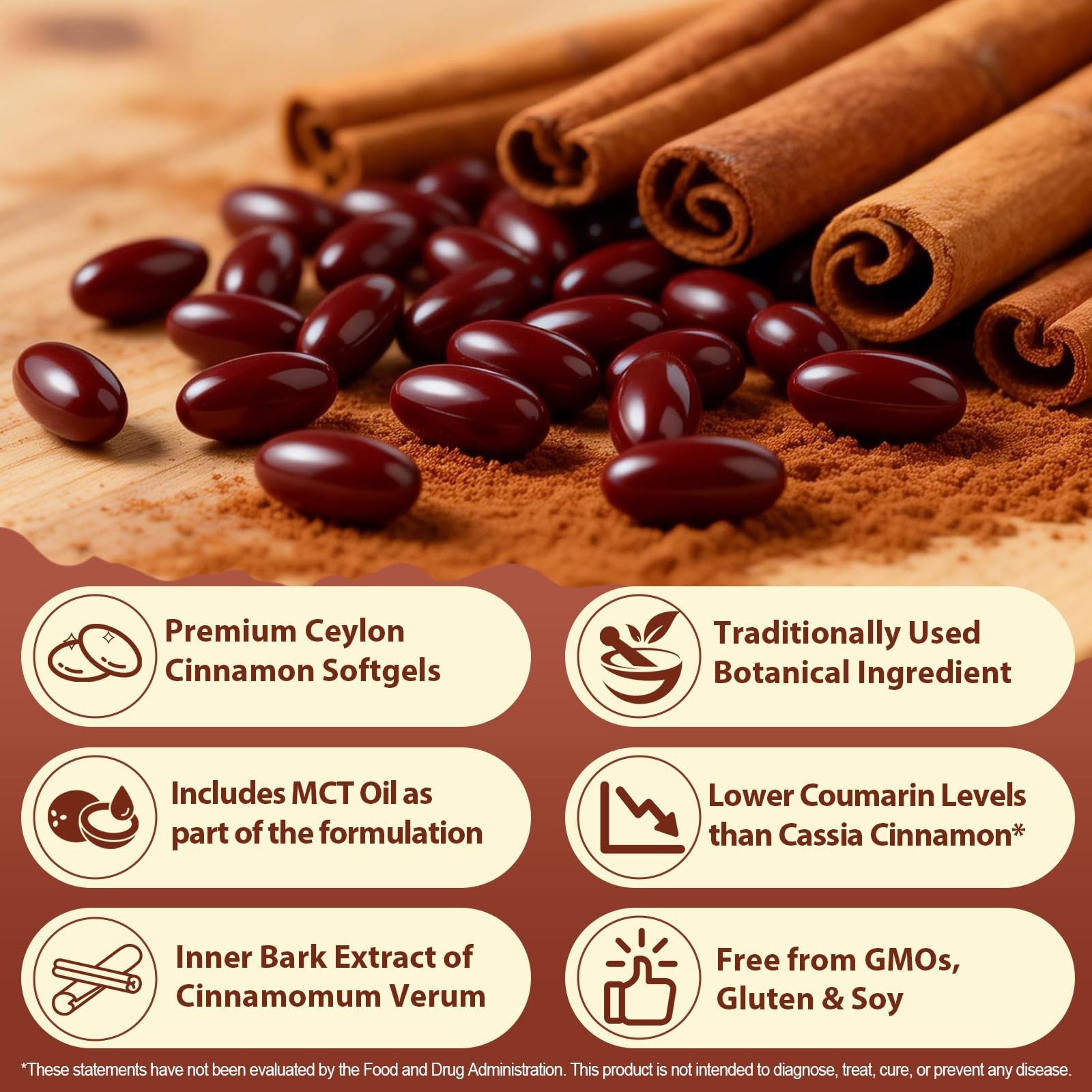 Ceylon Cinnamon Softgels with MCT Oil – Non-GMO, Gluten-Free, 120 Count, Dietary