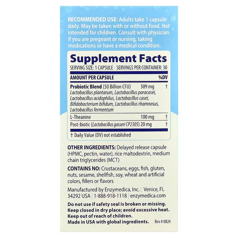 Enzymedica Sub Culture Probiotic for Mood & Gut Support 30 Day Digestive Support